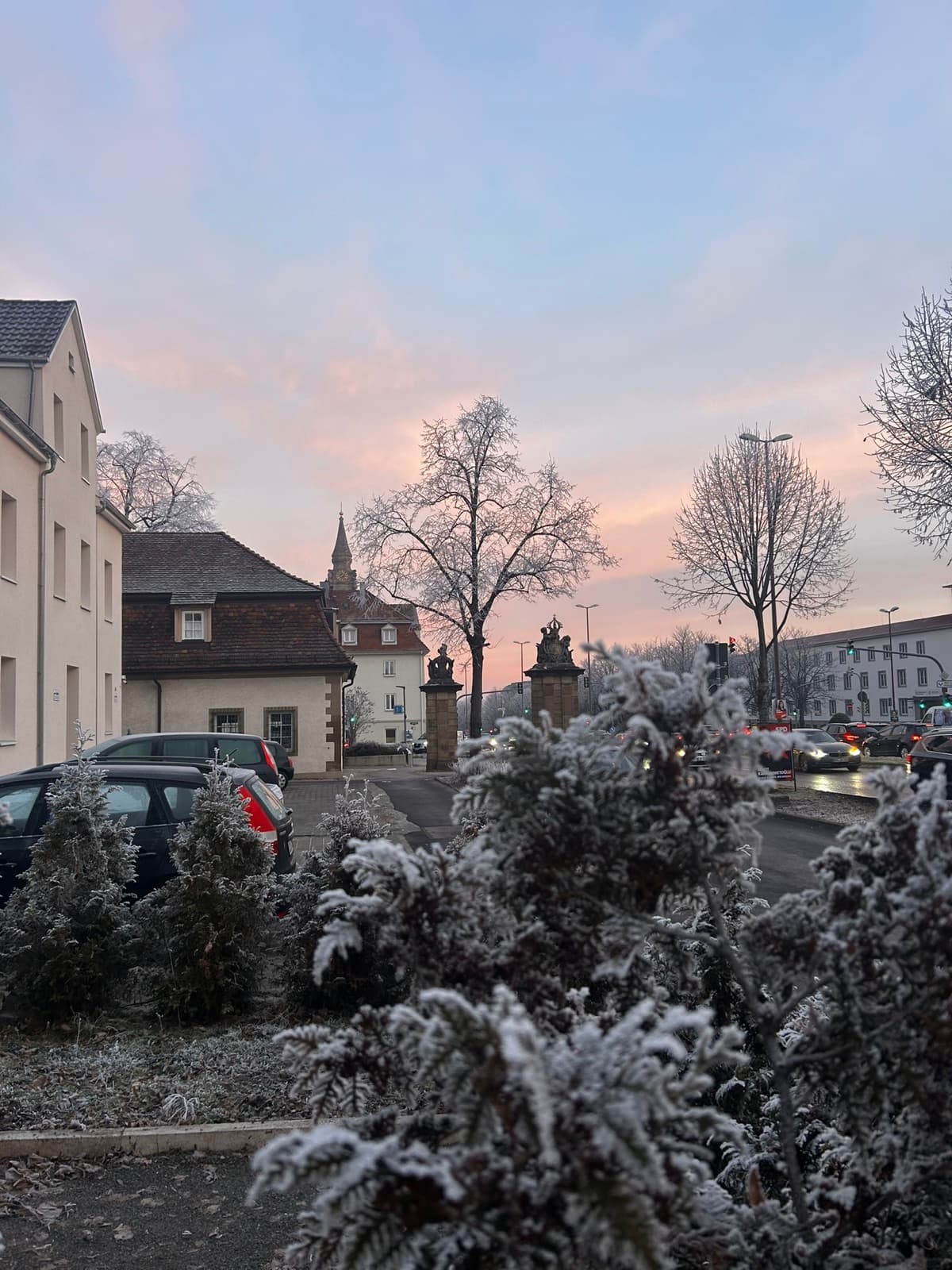 Frost, and everything the streetlamp is still holding — Ludwigsburg, waking up